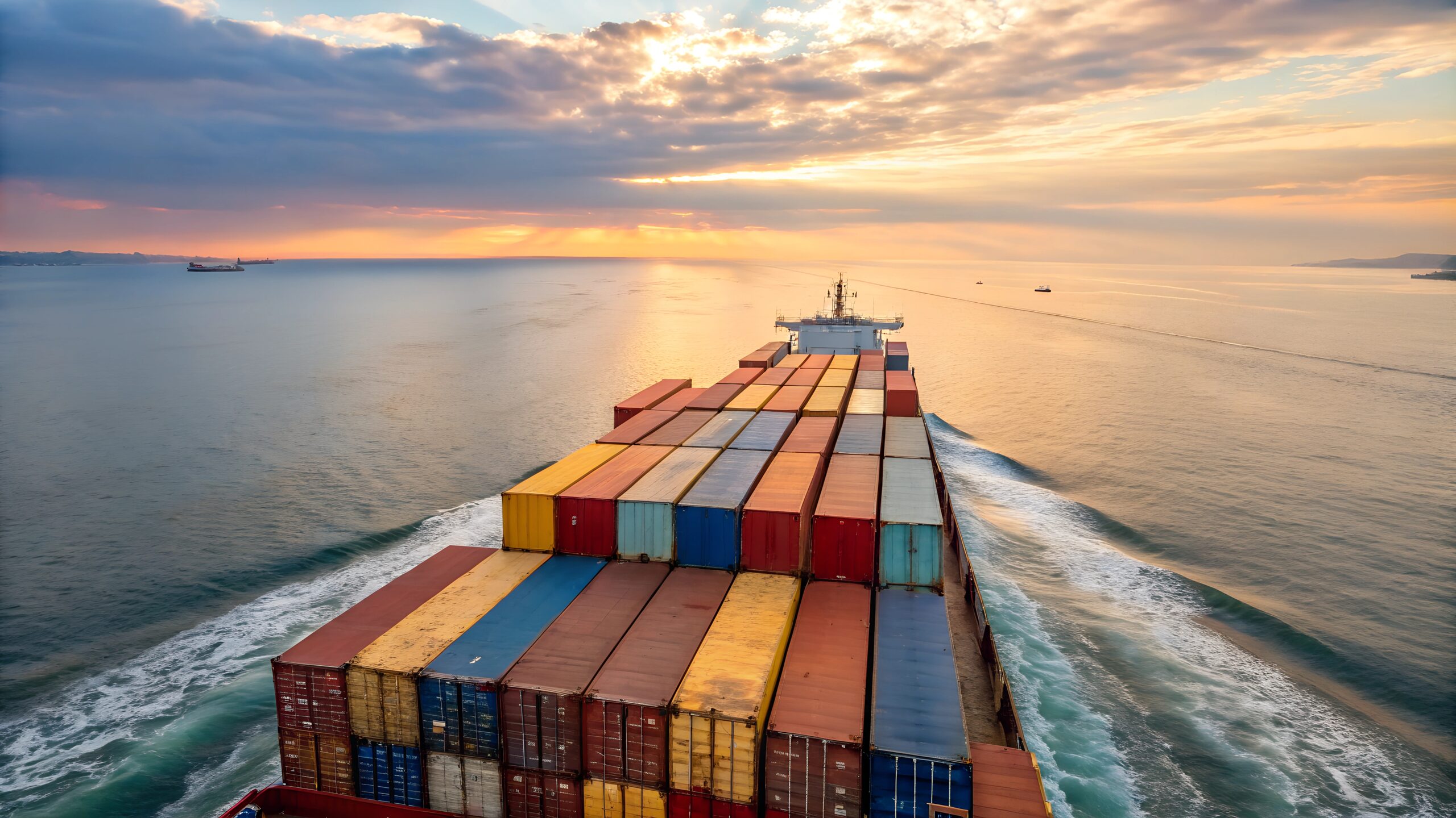 Container ship on the open ocean at dusk (40HC ocean freight from Japan)
