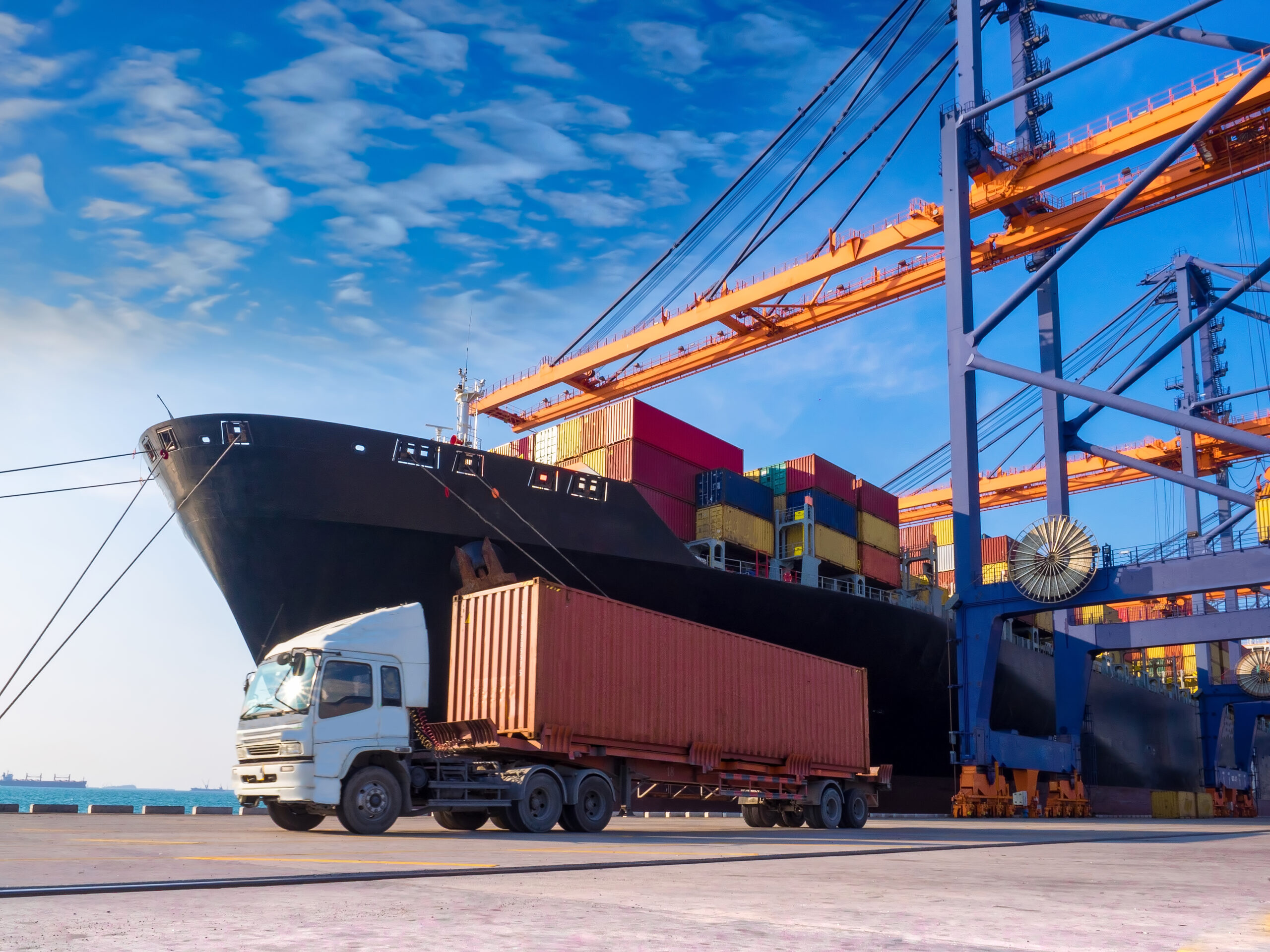 Container port and gantry cranes, illustrating shipping to Mongolia